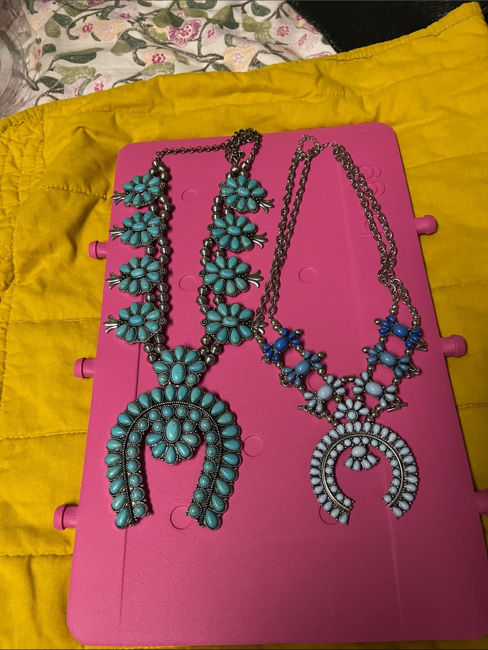 Source Unknown Turquoise Bib Necklace Duo with Floral Accents faux costume